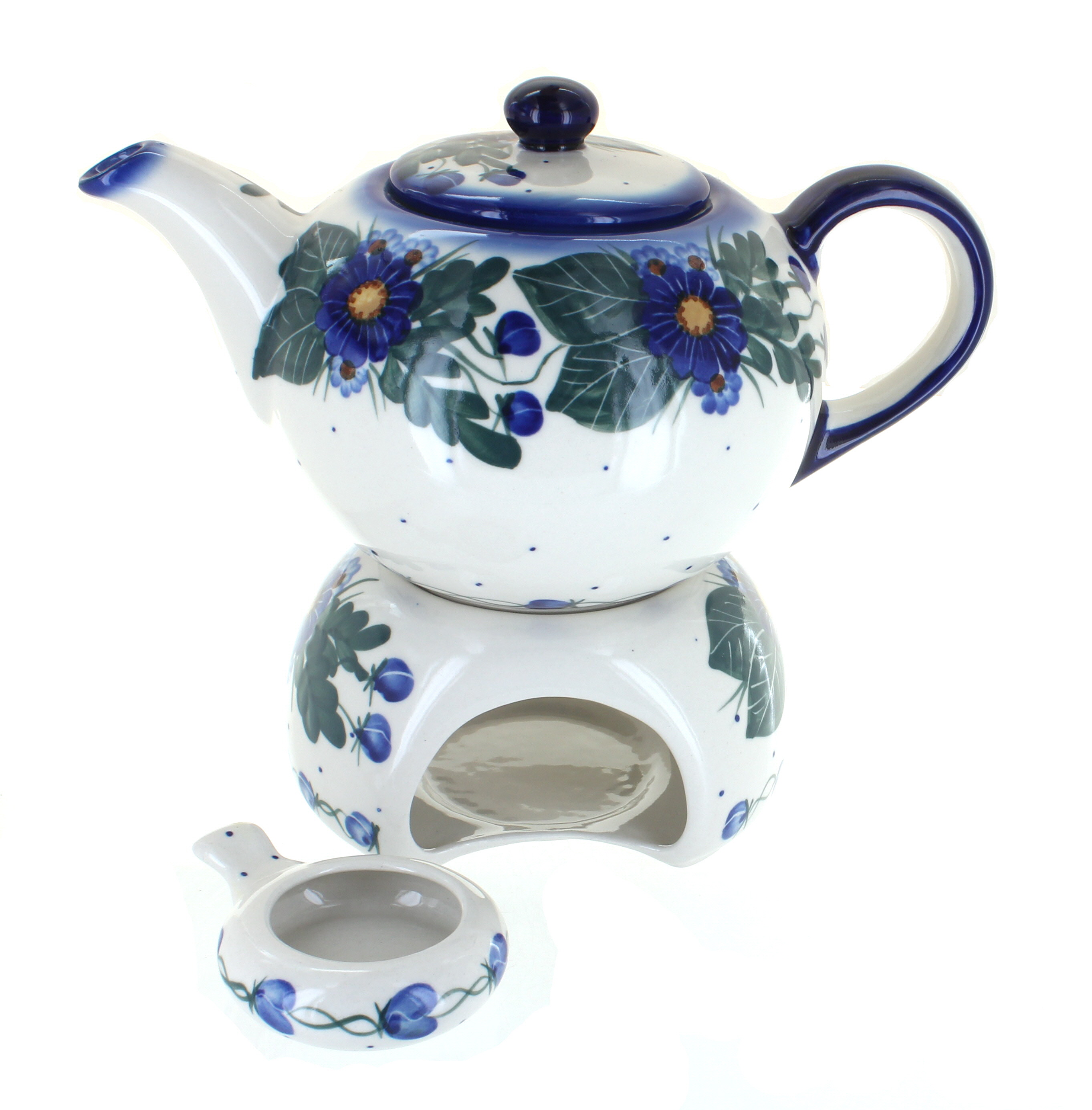 Blue Rose Polish Pottery Me Not Teapot with Warmer & Candle Holder